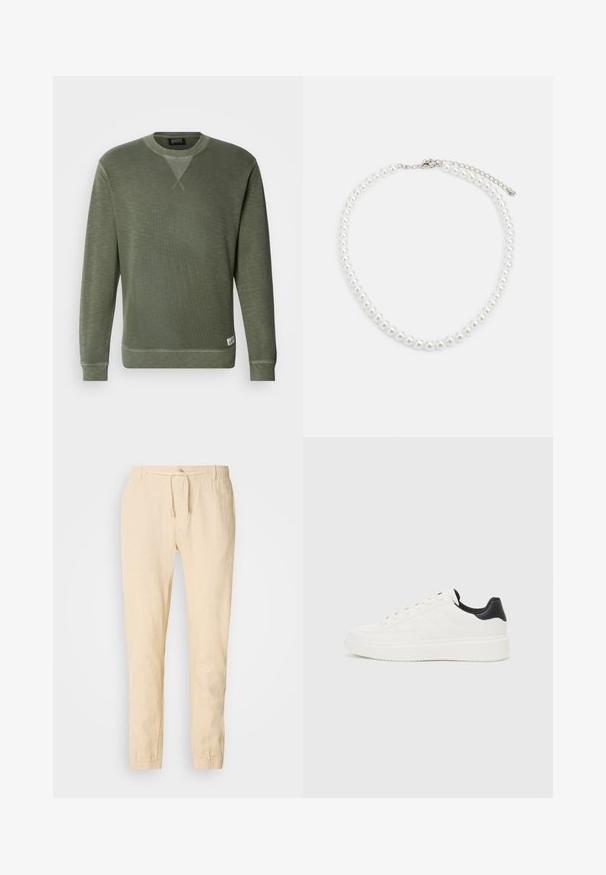 Green sweatshirt made of textured fabric, featuring a round neckline, long sleeves, and a small brand tag at the bottom left.; Light beige linen trousers with a drawstring waist, tapered legs, and elastic cuffs. Simple design with a subtle texture.; White leather sneaker with embossed pattern, textured white midsole, and black heel accent. Features rounded toe and flat laces.; White pearl necklace with a uniform round shape, smooth surface, and metal clasp with an extension chain for adjustable length.