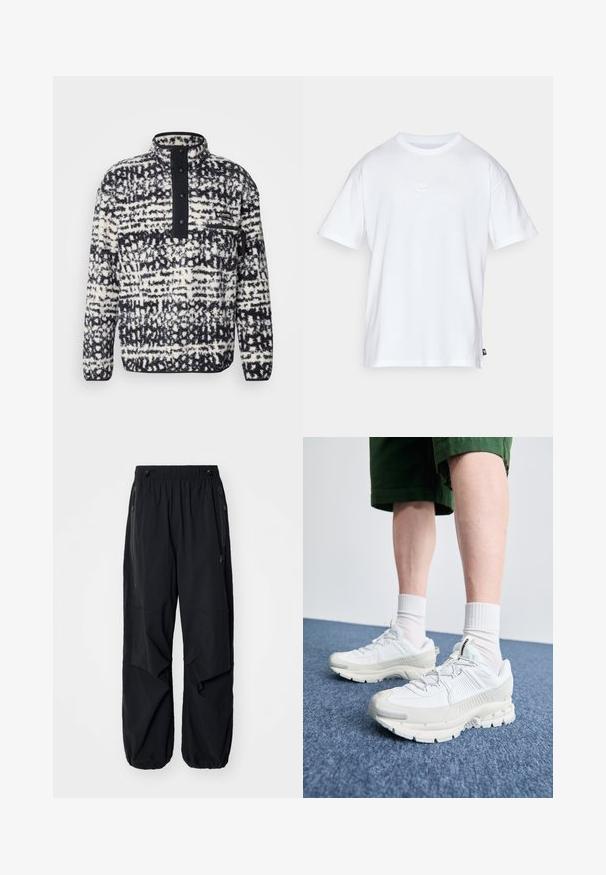 Columbia HELVETIA - Fleecetrøjer - black; Hvid bomulds T-shirt med korte ærmer og rund hals. Har et lille, diskret Nike-logo på brystet og et sidelabel.; Sorte letvægts cargo bukser med elastisk talje, sidelommer med lynlås og rummelige lommer. Har en løs pasform og tapered cuffs.; Hvide atletiske sko med teksturerede overlays, en chunky sål og grå accenter. Båret med hvide ankelstrømper og grønne shorts på en blå overflade.