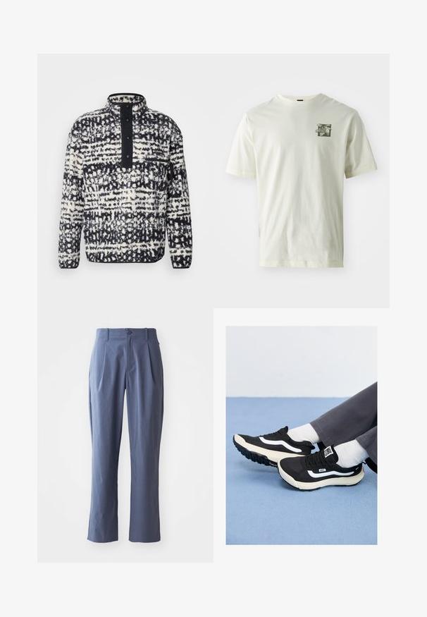 Columbia HELVETIA - Camisola de lã polar - black; T-shirt de algodão na cor creme com impressão gráfica verde no lado esquerdo do peito, com um clássico decote redondo e mangas curtas.; Calças azul-marinho com pregas, de corte reto, feitas de tecido leve, com fecho frontal de botão único e passantes de cinto.; Sapatilhas pretas com detalhes brancos, materiais em malha e borracha, apresentando uma sola texturizada e aba no calcanhar. Usadas com meias brancas e calças cinzentas.