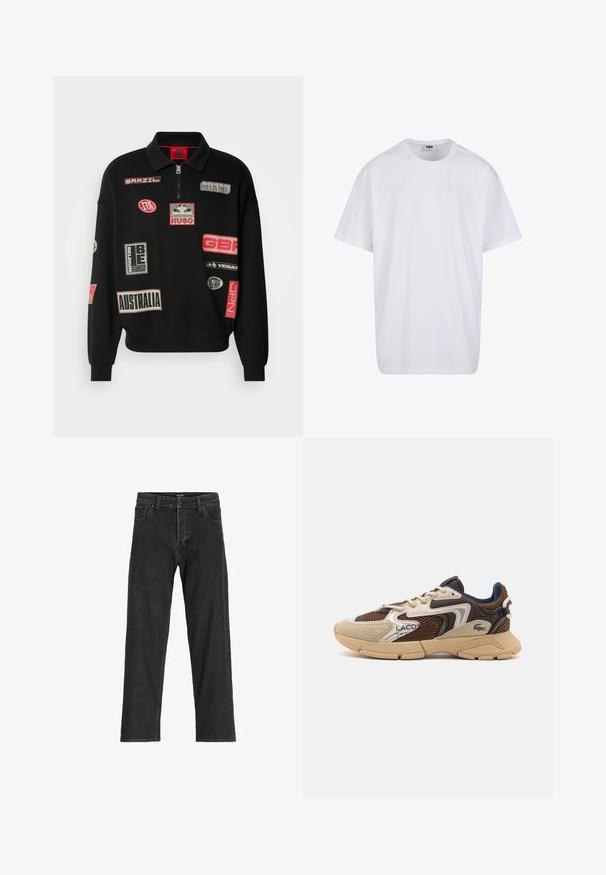 HUGO DANWYLL - Mikina - black; Biela bavlnená tričko s krátkymi rukávmi, okrúhlym výstrihom, uvoľneným strihom a žiadnymi viditeľnými logami alebo vzormi. Hladká textúra a minimálny dizajn.; Čierne džínsy s rovnými nohavicami, s púzdrom na zips, pútkami na opasok a šiestimi vreckami, vyrobené z pevnej zmesovej bavlny.; Béžové a hnedé tenisky s textúrovanými sieťovinovými panelmi, semišovými akcentmi a gumovou podrážkou. Obsahujú šnurovací dizajn a značkovú grafiku.