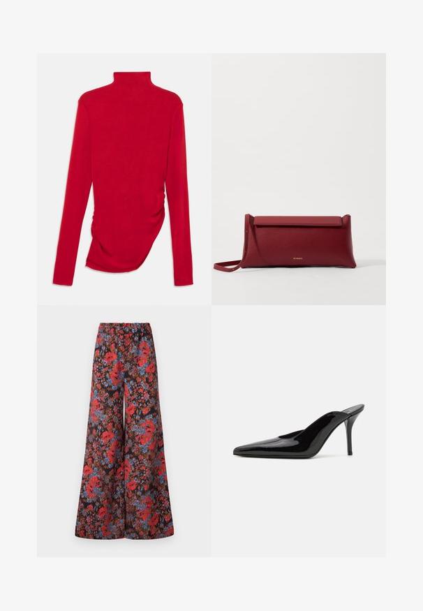 Punainen pitkähihaisen poolopaita, joka on valmistettu ribbikankaasta ja jossa on poimuttamista sivuilla. Paita on tiivis ja siinä on sileä pinta.; Vuorimittaiset housut, joissa on musta kangas, joka on koristeltu kirkkaalla kukkakuviolla punaisena ja sinisenä, sekä mukavuuden vuoksi joustava vyötärö.; Mustat patentoidut korkeakorkoiset mulesandaalit, joissa on terävä kärki ja sulavalinjainen siluetti. Kenkäparissa on avonainen takaosa ja hoikka stiletto-korko.; Punainen nahkainen clutch-muoti, jossa on teksturoitu pinta, litteä taittopäällinen ja lyhyt hihna. Hienovarainen brändilogo edessä.