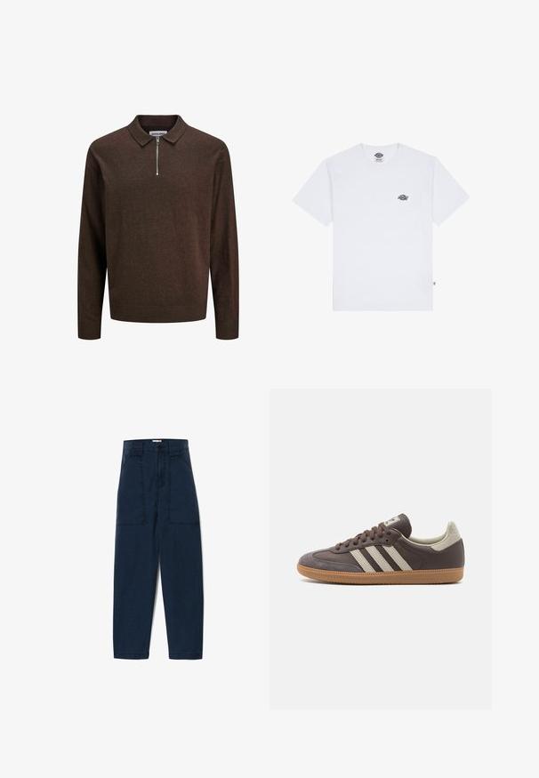 Tmavě hnědý pletený pulovr s dlouhým rukávem, límcem a předním polovičním zipem, s žebrovanými manžetami a lemem, označený JACK & JONES.; Bílá bavlněná tričko s krátkým rukávem, s malým černým logem na hrudi a štítkem v levém dolním rohu.; Námorně modré vysoké kalhoty s rovnými nohavicemi, které mají dvě velké přední kapsy a jemně texturovanou látku. Jednoduché zapínání na knoflík.; Hnědé kožené tenisky se třemi světlými pruhy, gumovou podrážkou, zaoblenou špičkou a texturovanými semišovými detaily na patě a špičce.