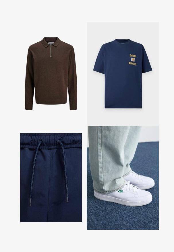 Mörkbrun långärmad stickad pullover med krage och framhalvdragkedja, ribbade muddar och nederkant, märkt JACK & JONES.; Marinblå bomull t-shirt med korta ärmar, med guldtexten "Carhartt University" och en logopatch på vänster bröst.; Marina blå shorts med resår i midjan, med en texturerad dragsko och slät tyg.; Vita lädersneakers med grön Nike-logga, rund tå, platt sula, kombinerade med ljusblå denimbyxor, visade på en blå matta.