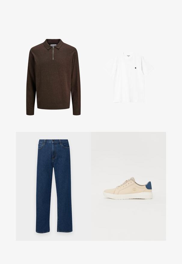 Suéter de punto de manga larga color marrón oscuro con cuello y media cremallera en la parte delantera, puños acanalados y dobladillo, etiquetado como JACK & JONES.; Camiseta de algodón blanca con mangas cortas, cuello redondo y un pequeño logo negro en el lado izquierdo del pecho. Textura suave y corte estándar.; Jeans de mezclilla azul oscuro con un diseño de pierna recta, que presentan una cintura alta, bolsillos frontales y costuras amarillas en contraste.; Zapatillas beige de ante, con una suela blanca, cordones beige y un acento azul en el talón. Logotipo grabado en el lateral.