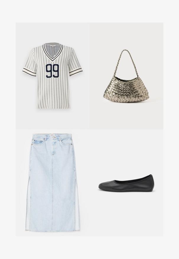 T-shirt de manga curta listrada em creme e azul marinho com decote em V, apresentando um proeminente "99" na frente e punhos listrados em contraste.; Saias maxi de denim azul claro com corte reto, apresentando aberturas laterais e design de cinco bolsos. Costura proeminente e fecho com botão metálico.; Bailarina preta em pele com bico arredondado, textura suave, detalhe de costura minimalista e design de sola flexível.; Bolsa metálica trançada com forma triangular, apresentando uma alça trançada e um interior forrado a veludo. Cor: prata. Textura: suave e semelhante a tecido.