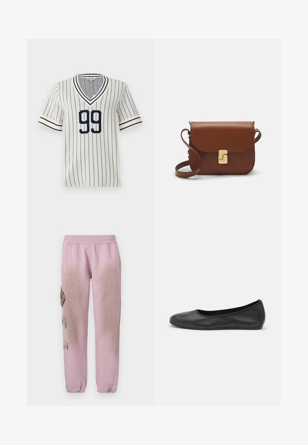 Csíkos, rövid ujjú jerseykendő krém és tengerészkék színben, V-nyakkal, elöl egy kiemelkedő "99" számmal és kontrasztos csíkos mandzsettákkal.; Fehér, rövid ujjú póló ribbed anyagból. Kerek nyakkivágás, normál szabás és diszkrét varrási részletek. Nincsenek minták vagy grafikák.; Rózsaszín melegítőnadrág elasztikus derékkal, bal oldalon gyémánt alakú dekoratív foltokkal és elasztikus szárakkal az bokákon.; Fekete bőr balettcipő lekerekített orral, sima tekstúrával, minimális varrással és rugalmas talp kialakítással.; Barna bőr kézitáska, hajtókás zárással, arany színű fém kiegészítőkkel, vállpánttal és sima felülettel. Kompakt téglalap alakú.