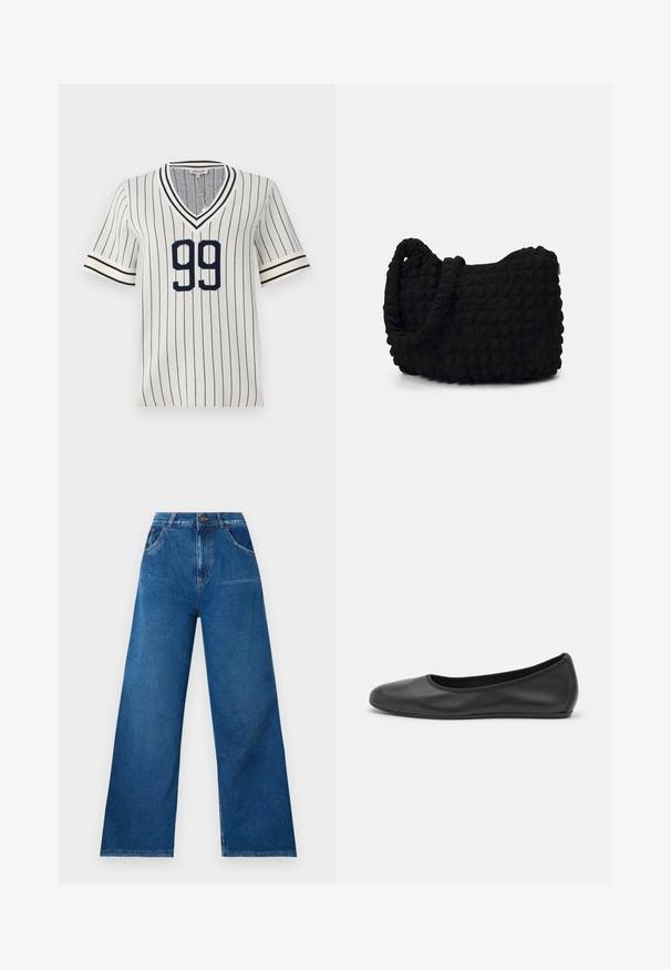 Striped short-sleeve jersey in cream and navy with a V-neck, featuring a prominent "99" on the front and contrasting striped cuffs.; Wide-leg jeans in dark blue denim with a high waist, featuring front and back pockets, and contrast stitching details.; Black leather ballet flat with a rounded toe, smooth texture, minimal stitching detail, and a flexible sole design.; Black fabric bag with a textured, quilted pattern. Rounded shape, short, thick handles, and a soft, flexible structure.