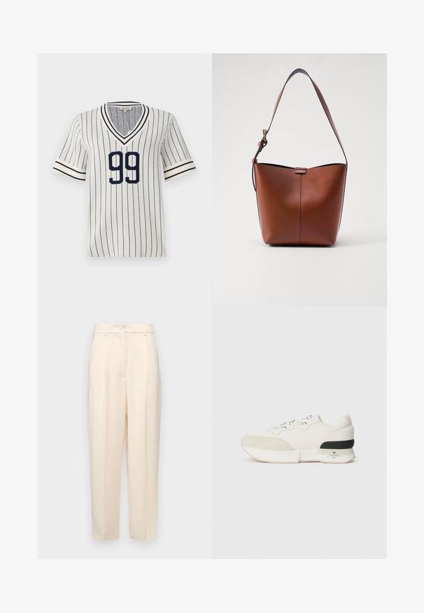 Krēmkrāsas un tumši zila svītraina īsām piedurknēm T-krekls ar V-veida kakla izgriezumu, priekšpusē ar izteiksmīgu "99" un kontrastējošām svītrainām piedurknēm.; Beige pielāgotas bikses ar taisnu piegriezumu, priekšpusē ar krokām, gluda tekstūra un vidējas augstuma jostasvieta. Nav redzamu kabatu.; Baltie kedas ar teksturētu zamšādu purngalu, gludu acu auduma augšdaļu, dekoratīvu auklu un melnu gumijas papēža akcentu.; Brūna ādas plecu soma ar izliekta formu, gludu tekstūru un vienu plānu siksnu. Iekļauj subtilu šuvumu un mazu logotipa detaļu.