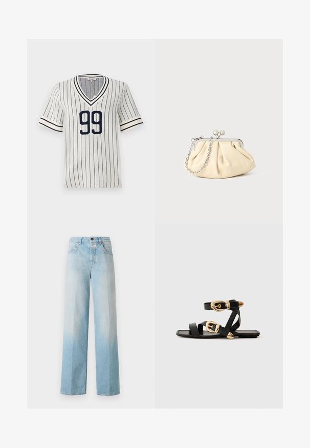 Gestreiftes kurzärmliges Jersey in Creme und Marineblau mit einem V-Ausschnitt, das vorne eine auffällige "99" sowie kontrastierende gestreifte Bündchen aufweist.; Helle blaue Denim-Jeans mit weitem Bein und einem verblassten Farbübergang, ausgestattet mit einem klassischen Fünf-Taschen-Design und einem Metallknopfverschluss.; Schwarze Ledersandalen mit goldenen Schnallenakzenten, die mehrere Riemen und ein flaches Sohlendesign für das Tragen mit offenen Zehen bieten.; Faltige beigefarbene Ledertasche mit einem silbernen Metallrahmen, ausgestattet mit zwei runden dekorativen Verschlüssen und einem silbernen Kettenriemen.