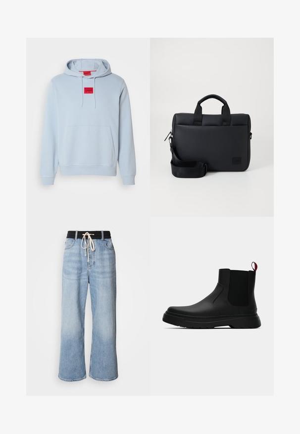 Felpa leggera azzurra realizzata in tessuto morbido, con tasca a marsupio frontale, cappuccio con lacci e un logo quadrato rosso sul petto.; Jeans blu chiaro a gamba larga con vita elastica nera, dotati di chiusura con coulisse e design classico a cinque tasche.; Stivale alla caviglia nero con finitura liscia, pannelli laterali elastici e un tab di presa rosso a contrasto, dotato di una suola in gomma spessa e punta arrotondata.; Borsa per laptop nera con texture, dotata di doppie maniglie superiori, tracolla staccabile, chiusura con zip e un piccolo patch logo per il branding.
