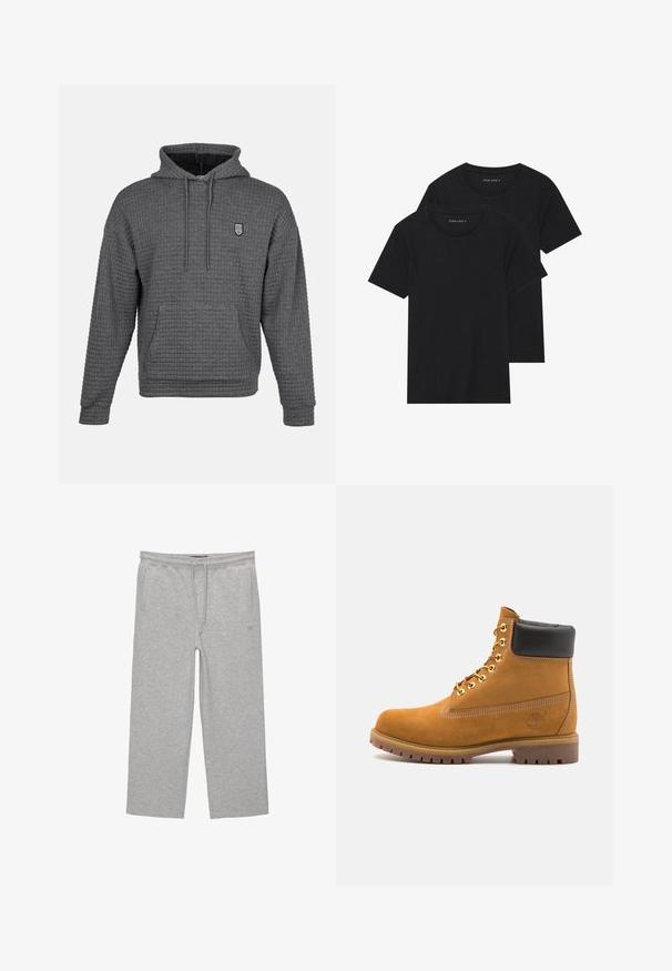 Šedá mikina s texturovaným, vaflovým pletením. Obsahuje přední kapsu, nastavitelnou kapuci se šňůrkou a malé vyšívané logo.; Dvě černé bavlněné tričko s krátkým rukávem, kulatým výstřihem a hladkou texturou, vystavené naskládané k sobě.; Šedé bavlněné tepláky s elastickým pasem, šňůrkou na stažení a dvěma bočními kapsami; rovný střih, měkký povrch, bez vzoru.; Hnědé semišové kotníkové boty s černým polstrovaným límcem, zlatými kovovými očky, bílým prošíváním a odolnou gumovou podrážkou s výraznými drážkami.
