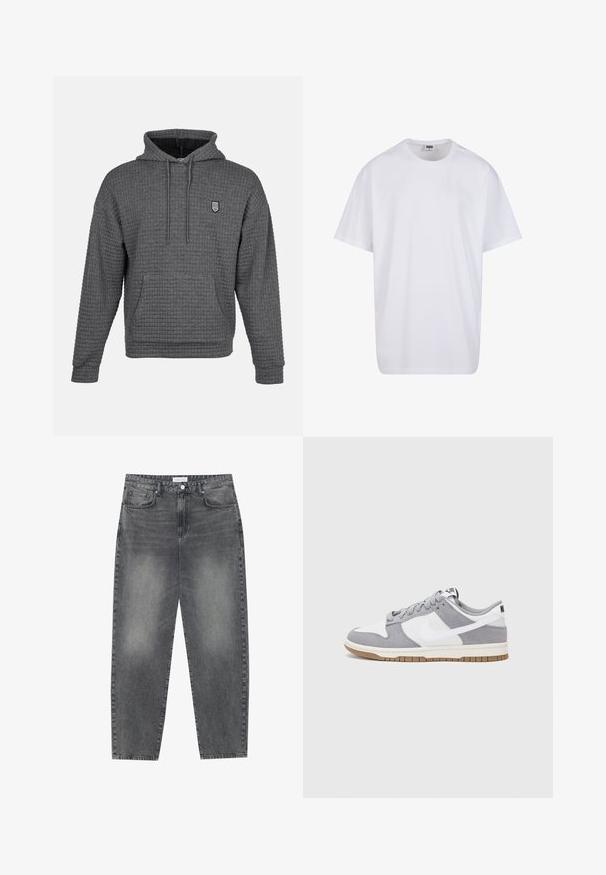 Grijze hoodie met een geweven, wafelstructuur. Voorzien van een buidelzak, verstelbare trekkoordcapuchon en een klein geborduurd logo.; Witte katoenen t-shirt met korte mouwen, ronde hals, relaxte pasvorm en zonder zichtbare logo's of patronen. Gladde textuur en minimalistisch ontwerp.; Hoge taille, losvallende jeans van vervaagd zwart denim. Beschikt over vijf zakken, riemlussen en een schone, rechte broekspijp ontwerp.; Grijze en witte sneaker met een bovenwerk van suede en leer, ronde neus, platte veters en een rubberen zool met een gumaccent.