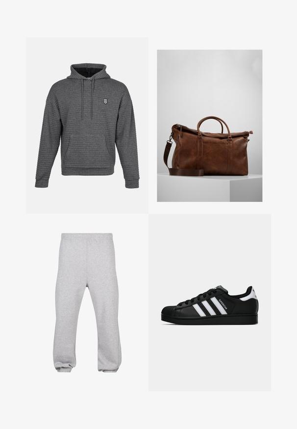Gray hoodie with a textured, waffle-knit design. Features a front pocket, adjustable drawstring hood, and small embroidered logo.; Gray sweatpants made of cotton blend, featuring an elastic waistband, tapered legs, and cuffed hems. Simple design with no patterns.; Black Adidas Superstar sneaker with white stripes, shell toe, and "Superstar" text on side, shown in side profile on white background.; Brown leather duffle bag with a zip closure, double handles, adjustable shoulder strap, and visible texture patterns on the surface.