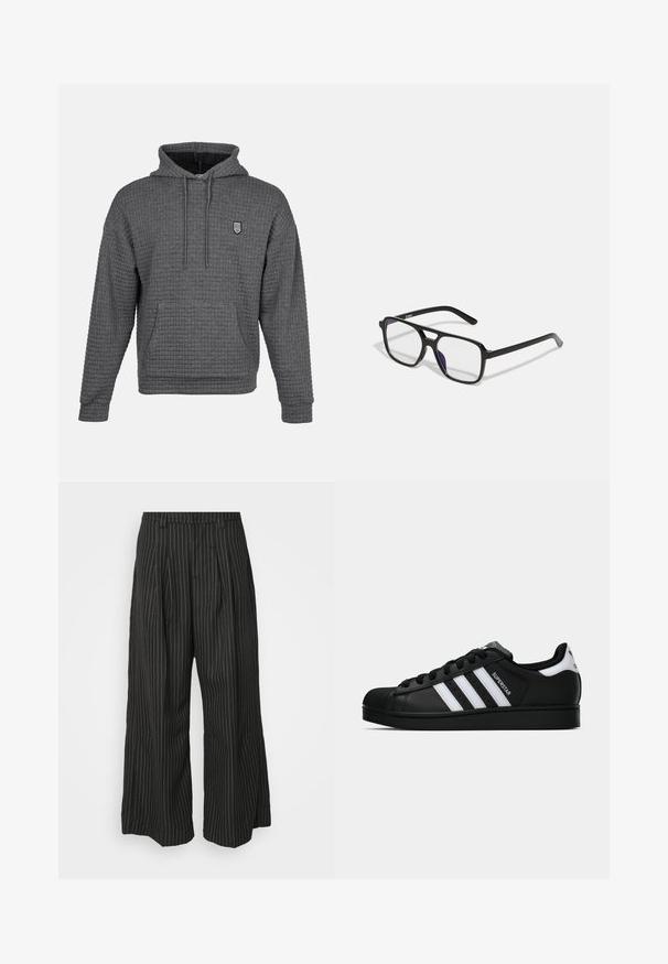 Felpa grigia con un design a punto waffle testurizzato. Presenta una tasca frontale, un cappuccio regolabile con cordini e un piccolo logo ricamato.; Pantaloni a gamba larga neri a righe con pieghe, caratterizzati da un design sartoriale e una texture morbida. Nessun hardware o decorazione visibile.; Sneaker nera Adidas Superstar con strisce bianche, punta a conchiglia e testo "Superstar" su un lato, mostrata in profilo laterale su sfondo bianco.; Occhiali nere rettangolari con lenti trasparenti e una leggera sfumatura viola, dotati di steli eleganti e di un design minimalista.