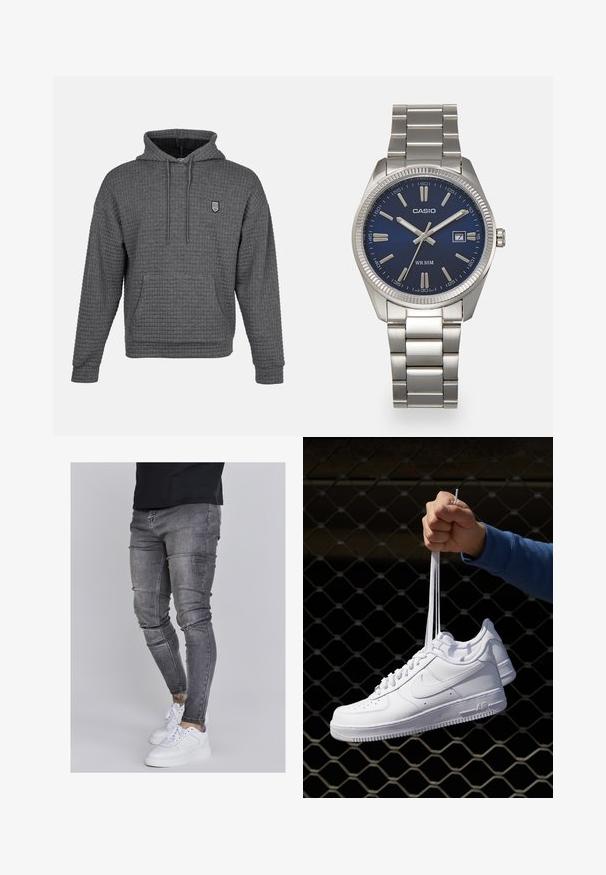 Grijze hoodie met een geweven, wafelstructuur. Voorzien van een buidelzak, verstelbare trekkoordcapuchon en een klein geborduurd logo.; Skinny jeans in vervaagd grijs denim, met versleten details op de knieën, gecombineerd met witte sneakers. Gladde textuur, slank model.; Witte leren sneakers met perforaties, ronde neus, vlakke zool en dikke veters, met een zichtbare swoosh-logo en "AIR" op de hiel.; Zilveren roestvrijstalen horloge met een marineblauwe wijzerplaat, metalen uurmarkeringen en een datumnis op 3 uur. Waterbestendig tot 50 meter.