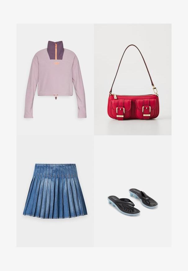 Fialová zkrácená mikina s vysokým límcem, oranžovým zipem a stahovací šňůrkou v dolní části. Má hladkou texturu a detail s logem.; Denimová skládaná sukně s úzkým pasem, která má vertikální sklady ve středně modré barvě a kontrastní švy.; Černé a modré sandály Puma na klínu s nízkými blokovými podpatky a thong popruhy na bílém pozadí.; Červená kožená taška se dvěma předními kapsami, zlatým kováním a zipovým uzávěrem. Obsahuje zakřivený ramenní popruh a strukturovaný povrch.
