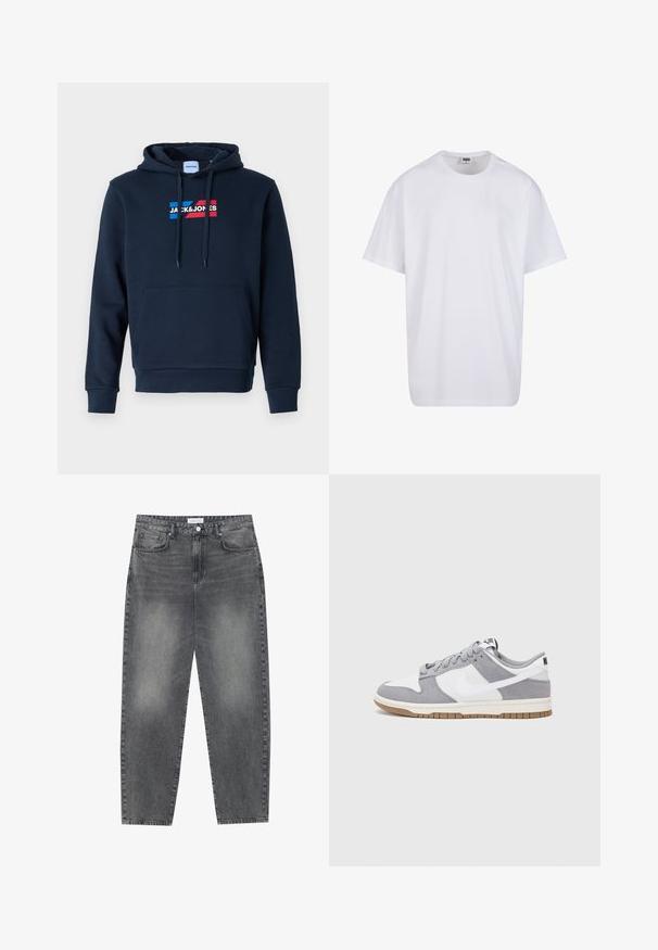 Sudadera azul marino con un bolsillo canguro frontal, capucha con cordón y un logo en rojo y azul, con una textura suave y lisa y puños acanalados.; Camiseta blanca de algodón con mangas cortas, cuello redondo, corte relajado y sin logotipos ni patrones visibles. Textura suave y diseño minimalista.; Jeans de cintura alta y corte holgado en denim negro desgastado. Con cinco bolsillos, pasadores para el cinturón y un diseño de pierna recta y limpia.; Zapatilla gris y blanca con parte superior de ante y cuero, puntera redondeada, cordones planos y suela de goma con un acento de goma.