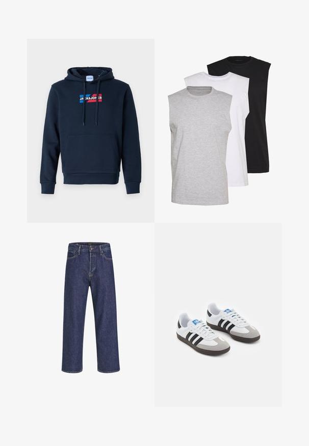 Sweat à capuche bleu marine avec une poche kangourou à l'avant, un cordon de serrage au niveau de la capuche et un logo rouge et bleu, offrant une texture douce et lisse ainsi que des poignets côtelés.; Trois t-shirts sans manches en gris, blanc et noir. Tissu en coton doux avec un col rond et une coupe décontractée. Design simple, sans motifs.; Jean en denim bleu foncé avec une coupe droite, un design à cinq poches, une fermeture à bouton en métal et des surpiqûres contrastantes, présentant une texture subtile.; Baskets avec une tige en cuir blanc, un bout en daim gris et trois bandes noires. Présente un logo bleu sur la languette et une semelle en caoutchouc texturée.