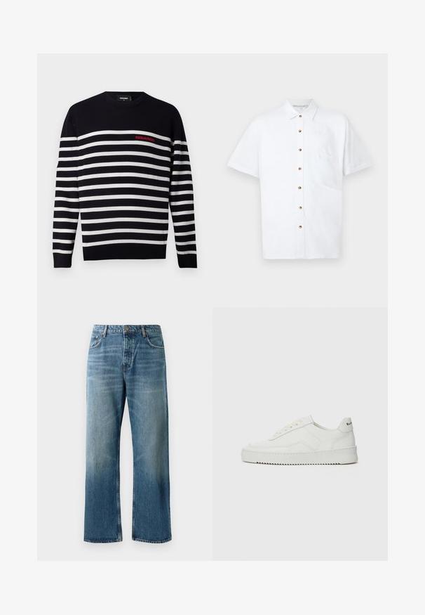 Suéter a rayas azul marino y blanco con cuello redondo, que presenta un logo rojo "DSQUARED2" en el lado izquierdo del pecho. Textura de punto suave.; Camisa blanca de manga corta hecha de lino, con cierre de botones en el frente, un bolsillo en el pecho y botones de madera como acentos.; Jeans de pierna ancha en azul claro con un acabado desgastado, que cuentan con cierre de un solo botón, cinco bolsillos y costuras contrastantes.; Zapatilla de cuero blanca con un acabado suave, puntera redonda, cordones planos y suela texturizada. Cuenta con un sutil logo en el talón.