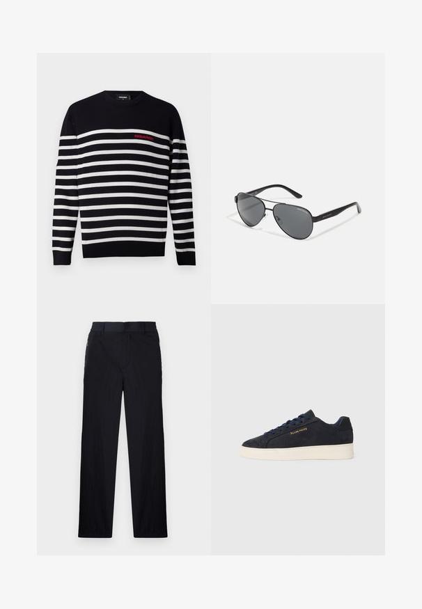 Pull à rayures bleu marine et blanche avec un col rond, portant un logo rouge "DSQUARED2" sur le côté gauche de la poitrine. Texture en maille douce.; Pantalon noir en tissu léger et texturé, avec une coupe droite, une taille élastique et des poches zippées sur les côtés.; Baskets basses en daim bleu marine avec semelle blanche, lacets bleu marine et logo "Filling Pieces" en or sur le côté.; Lunettes de soleil aviateur noires avec verres foncés, monture en métal fine et branches en plastique élancées ornées de logos.