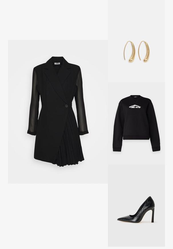 Zwarte sweatshirt met een ronde hals, lange mouwen en een wit logo ontwerp op de borst. Gemaakt van een zachte, gestructureerde stof.; Zwarte op maat gemaakte jurk met een blazer-stijl bovenkant, doorschijnende lange mouwen, een enkele knoopsluiting en geplooide rokdetails.; Zwarte puntige hoge hak schoen met een krokodillenleren textuur, met een slank ontwerp, hoge stiletto-hak, en een gladde zwarte binnenkant.; Zwarte leren schoudertas met twee vo pockets, gouden gespen, ritsluiting en een smalle band. Tekstuur oppervlak en compacte rechthoekige vorm.; Gouden metalen oorbellen in de vorm van een gebogen, verlengde hoop. Kenmerkend zijn het gladde, glanzende oppervlak en de afgeronde punt voor extra detail.