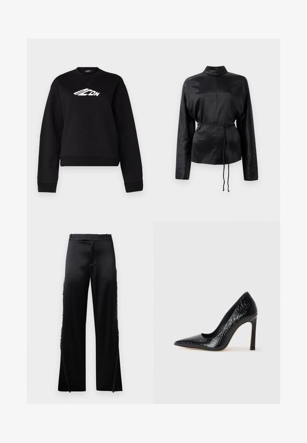 Sweatshirt noir avec un col rond, des manches longues et un design de logo blanc sur la poitrine. Fabriqué à partir d'un tissu doux et texturé.; Chemise longue à manches longues en satin noir avec un col haut, taille cintrée et détail de cordon de serrage ajustable. Texture lisse avec une finition élégante.; Pantalons en satin noir à jambes larges, avec des détails en franges le long des coutures latérales et une taille plate à l'avant. Dos uni sans poches.; Escarpin noir à bout pointu avec texture en cuir de crocodile, présentant un design élégant, un haut talon aiguille et un intérieur noir lisse.