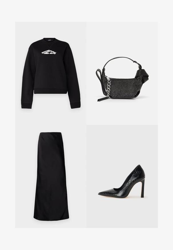 Felpa nera con scollo rotondo, maniche lunghe e design del logo bianco sul petto. Realizzata in un tessuto morbido e texture.; Norma Kamali BIAS OBIE SKIRT - Gonna lunga - black; Scarpa nera con punta a punta alta in pelle di coccodrillo, caratterizzata da un design elegante, alto tacco a spillo e interno nero liscio.; Borsa nera con decorazioni a borchie, una tracolla a catena e un manico in pelle liscia, dalla forma rotonda e con scomparto con zip.