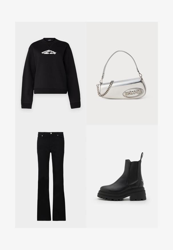 Schwarzer Sweatshirt mit Rundhalsausschnitt, langen Ärmeln und einem weißen Logodesign auf der Brust. Hergestellt aus einem weichen, strukturierten Stoff.; Schwarze, ausgestellte Jeans aus Denim, ausgestattet mit zwei Fronttaschen, einem Knopfverschluss und einer glatten Oberfläche. Signatur-Nähte an den Nähten sichtbar.; Schwarze Chelsea-Stiefel aus glattem Leder mit elastischen seitlichen Einsätzen, einer dicken, geriffelten Gummisohle und einer Schlaufe an der Rückseite.; Silberne metallische Handtasche mit einer abgerundet dreieckigen Form, ausgestattet mit einem Logo, einer Kettenriemen und einer glatten Textur. Reißverschluss an der Seite.