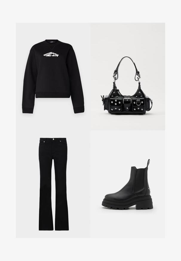 Felpa nera con scollo rotondo, maniche lunghe e design del logo bianco sul petto. Realizzata in un tessuto morbido e texture.; Jeans neri svasati in denim, dotati di due tasche anteriori, chiusura con bottone e una texture liscia. Cuciture iconiche visibili nei punti di giuntura.; Stivali Chelsea neri in pelle liscia con pannelli laterali elastici, suola in gomma spessa e rigata, e un manico sul retro.; Borsa a mano in pelle nera con design curvo, caratterizzata da borchie argentate, una fibbia e due tasche laterali. Tracolla regolabile per diverse opzioni di trasporto.