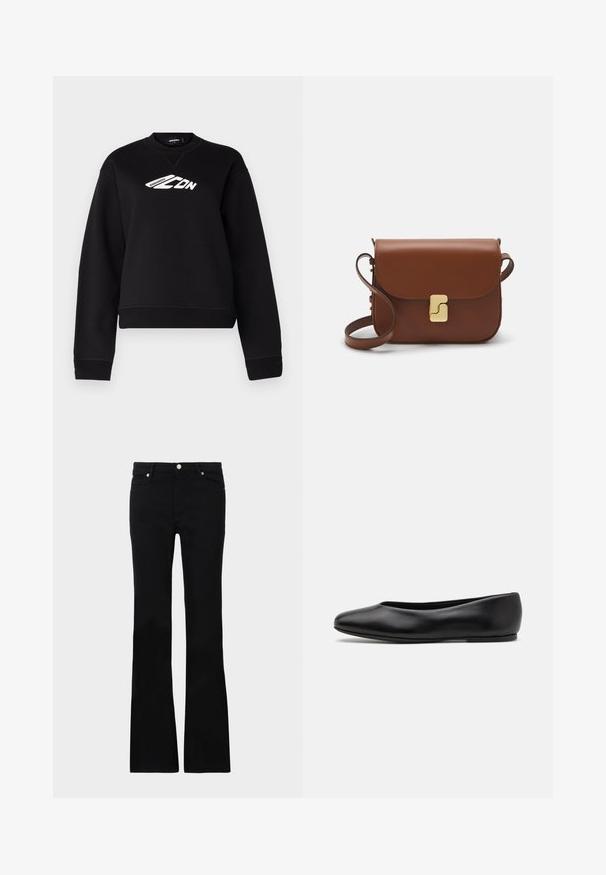Zwarte sweatshirt met een ronde hals, lange mouwen en een wit logo ontwerp op de borst. Gemaakt van een zachte, gestructureerde stof.; Zwarte flared jeans van denim, met twee voorzakken, een knoopsluiting en een gladde textuur. Kenmerkende stiksels zichtbaar bij de naden.; Paul Smith TOPANGA - Ballerina's - black; Bruine leren handtas met een klep sluiting, gouden hardware, een schouderband en een gladde textuur. Compact rechthoekige vorm.