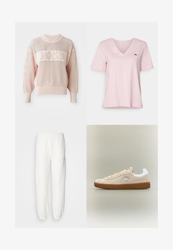 Roze gebreide trui met een groot open geweven design, met een horizontale band met "BOSS" tekst in bijpassende kleur. Ribgebreide manchetten en halssluiting.; Lichtroze katoenen t-shirt met een v-hals en korte mouwen, voorzien van een klein groen geborduurd krokodillogo op de linkerborst.; Witte sweatpants van zacht, gebreid materiaal. De elastische tailleband en boorden zorgen voor een ontspannen pasvorm. Minimalistisch ontwerp, zonder zichtbare patronen of accenten.; Beige suède sneaker met witte accenten en rubberen zool. Beschikt over een verhoogd logo aan de zijkant en contrasterende beige veters. Klassiek ontwerp.