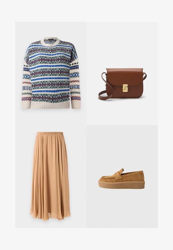 Strikket crewneck-trøje med flerfarvede, vandrette Fair Isle-mønstre i blå, grøn, vinrød og beige på lange ærmer og krop.; Maxi nederdel i lys beige, lavet af let stof. Har en indsamlet elastisk talje og bløde pliser for bevægelse.; Brune ruskinds loafers med rund tå, der har en ribbet platformssål og et dekorativt bånd henover overdelen.; Brun læder håndtaske med flaplukning, hardware i gyldent tone, en skulderrem og en glat overflade. Kompakt rektangulær form.