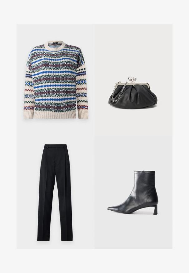 Knitted crewneck sweater with multicolored horizontal Fair Isle patterns in blue, green, maroon, and beige on long sleeves and body.; Black trousers made from smooth fabric featuring a high waist, wide legs, front pleats, and classic belt loops. No side pockets visible.; Black leather ankle boot with a pointed toe and a sleek design. Features a low heel and a zipper closure at the back. Smooth texture.; Black leather clutch with gathered texture, silver-tone metal frame, kiss-lock closure, and chain strap. Smooth, soft surface.