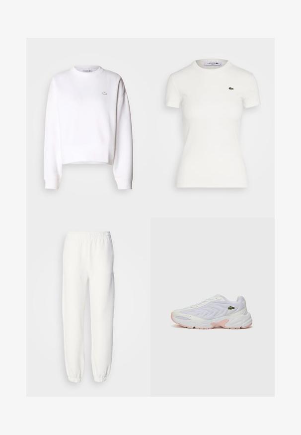 Felpa bianca corta, in misto cotone, con scollo a girocollo, maniche lunghe, polsini a coste, caratterizzata da un piccolo logo Lacoste sul petto.; T-shirt bianco a maniche corte in cotone ribbed con scollatura rotonda e piccolo logo del coccodrillo verde Lacoste sulla parte sinistra del petto. Tessuto in cotone morbido.; Pantaloni della tuta bianchi realizzati in morbido tessuto lavorato a maglia. La vita e i polsini elasticizzati offrono una vestibilità rilassata. Design minimalista, senza motivi o accenti visibili.; Scarpe atletiche bianche con una tomaia in mesh testurizzato, accenti rosa sottili sulla suola e un logo di coccodrillo verde sul lato.