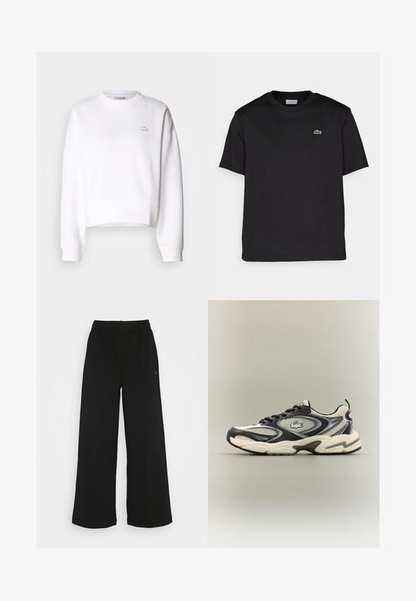 Felpa bianca corta, in misto cotone, con scollo a girocollo, maniche lunghe, polsini a coste, caratterizzata da un piccolo logo Lacoste sul petto.; T-shirt in cotone nero con scollatura rotonda, maniche corte e un piccolo logo ricamato verde sul lato sinistro del petto. Design semplice.; Pantaloni neri a gamba larga con vita elasticizzata. Realizzati in un materiale morbido e leggero. Presentano cuciture verticali sul davanti.; Le sneakers in mesh nere e beige presentano un collare imbottito, una parte superiore testurizzata e un logo prominente sul lato. Design elegante con suola curva.