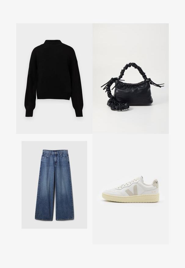 Suéter preto em malha com um decote alto, ombros caídos e mangas longas. Apresenta punhos e bainha canelados para um aspeto ajustado.; Calças de ganga azul de perna larga com um acabamento desbotado, apresentando um fecho de botão e zipper, cinco bolsos e passantes para cinto.; Sapatilha de couro branca com detalhes em camurça bege, biqueira perfurada, atacadores planos e sola texturizada creme. Apresenta uma marcação subtil no calcanhar.; Bolsa de mão em couro sintético preto com textura de crocodilo, topo franzido e alça enrugada. Apresenta um design suave e compacto.