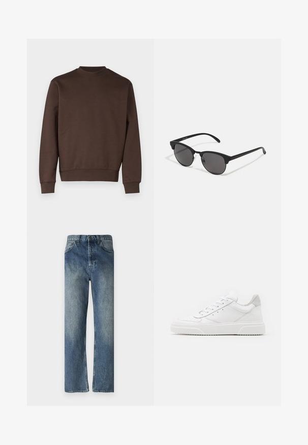 Brown crewneck sweatshirt made of a smooth cotton blend. Features ribbed cuffs and hem, simple design without patterns or embellishments.; Blue denim jeans with a straight-leg cut, featuring a faded wash, belt loops, front pockets, and a single back pocket.; White leather sneakers with a smooth finish, rounded toe, flat laces, and a textured sole. Grey suede accent at the heel.; Black sunglasses with round lenses, matte finish, and distinctive cat-eye shape. Slim arms with subtle branding on the left temple.