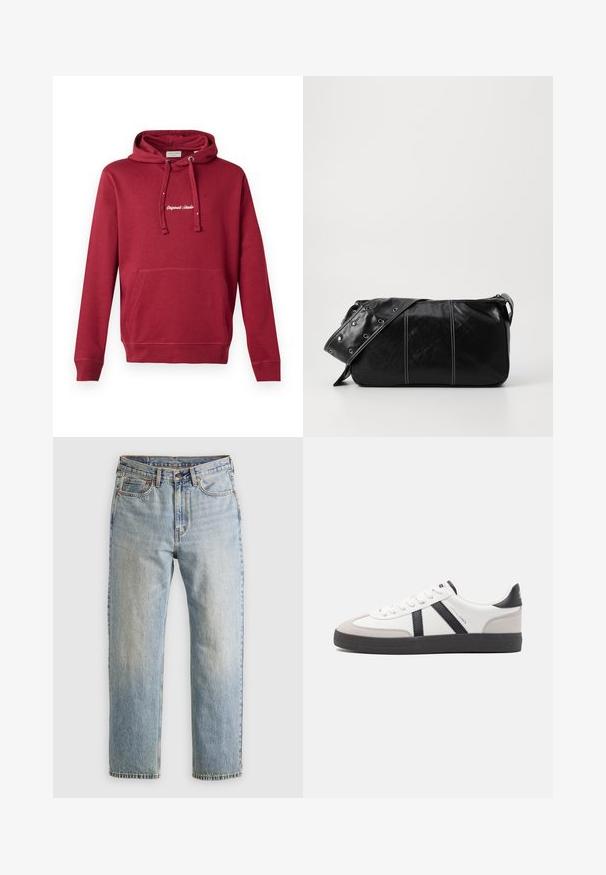 Hanorac roșu din bumbac, cu buzunar frontal, cu șnur pentru glugă, manșete ribbate și logo-ul brodat "Originals Studio" pe piept.; Jeans din denim de culoare albastru deschis, cu talie înaltă, nasture frontal, fermoar și design cu cinci buzunare, așezate platesc pe un fundal neutru.; Sneaker alb cu accente negre și gri, având un capac de vârf gri texturat, talpă din cauciuc negru și șireturi plate albe. Design elegant, stil minimalist.; Geantă de umăr din piele neagră cu închidere cu fermoar, având un corp texturat, cusături albe și o curea cu ochiuri argintii.
