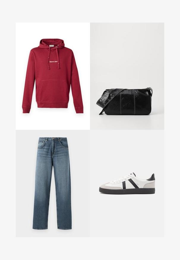 Sarkans kokvilnas kapuces džemperis ar priekšējo kabatu, regulējamu kapuci, ribu aprocēm un izšūtu "Originals Studio" logotipu uz krūtīm.; Taisni kāju zili džinsi ar izbalējušu apdari, piecdesmit kabatu dizains, metalizēta pogu un jostas cilpas. Strukturēta, vidēji smaga auduma.; Baltas sneakeris ar melniem un pelēkiem akcentiem, kuram ir teksturēts pelēks purngals, melna gumijas zole un plakanas baltas šņores. Tīrs dizains, minimālisma stils.; Melnas ādas plecu soma ar rāvējslēdzēja aizdari, ar teksturētu virsmu, baltu dūrienu un siksnu ar sudraba iekavām.