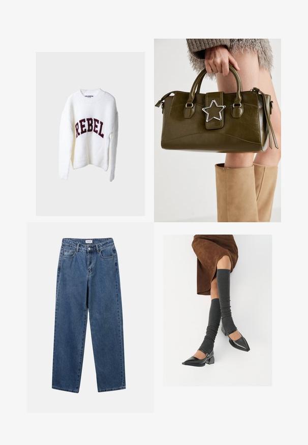 Bela pletena jopica z okroglim ovratnikom in dolgimi rokavi, na sprednji strani pa je v temno rdeči pletenini napis "REBEL".; Klasične modre jeans hlače s ravnim krojem, petimi žepi in gumbom za zapiranje. Imajo srednje pranje in trdno teksturo.; Črne lakirane čevlje s pointy prsti in blok peto ter z naramnicami za gleženj, ki jih kombiniramo s sivimi rebrastimi nogavicami in rjavim suknjičem iz usnja.; Olivnozeleno usnjeno ročno torbico z srebrno zvezdo, dvema ročajema in zadrgo. Teksturna površina in strukturirana oblika.