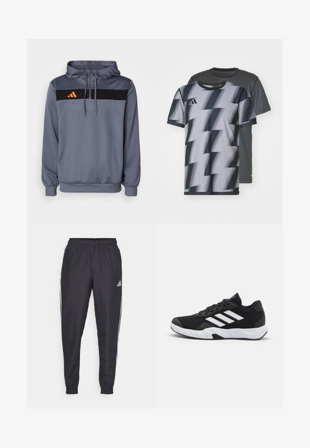 Grijze hoodie van zacht materiaal, met een zwarte horizontale streep en oranje Adidas-logo. Inclusief verstelbare trekkoorden en ribgebreide manchetten.; Twee T-shirts met korte mouwen: de ene is grijs met een subtiele textuur, de andere heeft een zwart-wit zigzagpatroon, beide met ronde hals.; Zwarte sportieve broek met een elastische tailleband, voorzien van witte strepen aan de zijkanten en een klein logo op de heup. Gladde textuur.; Zwarte sportieve schoenen met een geperforeerde mesh bovenkant, witte accentstrepen, een gevoerde zool en een versterkte hiel voor extra ondersteuning.