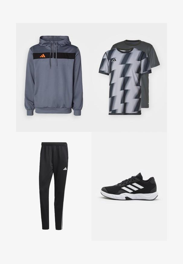 Grijze hoodie van zacht materiaal, met een zwarte horizontale streep en oranje Adidas-logo. Inclusief verstelbare trekkoorden en ribgebreide manchetten.; Twee T-shirts met korte mouwen: de ene is grijs met een subtiele textuur, de andere heeft een zwart-wit zigzagpatroon, beide met ronde hals.; Zwarte sportbroek met een rekbare tailleband, witte zijkanten en een klein wit logo op de dij. Gemaakt van een soepele, lichte stof.; Zwarte sportieve schoenen met een geperforeerde mesh bovenkant, witte accentstrepen, een gevoerde zool en een versterkte hiel voor extra ondersteuning.