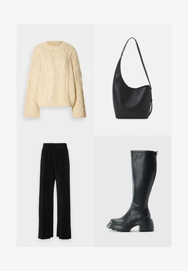 Kremfarget kabelstrikket genser med rund hals og lange, vide ermer. Har teksturerte mønstre og ribbede mansjetter og hem.; Sorte plisserte bukser med elastisk midje. Har vide ben og et glatt, strukturert stoff med vertikale striper.; Høy svart lærstøvel med chunky plattformsåle og blokkhelt, med trekkstang og teksturert mønster på yttersålen.; Svart lær hobo-veske med glatt tekstur, buet form og enkelt justerbart stropp; har en bred åpning på toppen.