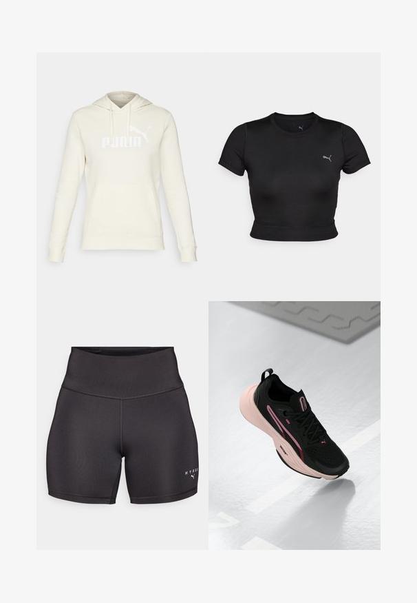 Cream-colored hoodie made of soft fabric, featuring a kangaroo pocket, drawstring hood, and white "PUMA" logo on the front.; Black short-sleeve crop top made of smooth, stretchy material, featuring a subtle logo on the chest and a fitted design.; Black athletic shorts with a high waistband, made of smooth, stretchy fabric. Features flat seams and white logo text on the bottom right.; Black athletic shoe with pink accents and a textured upper. Features a cushioned pink sole and black laces. Lightweight design for performance.
