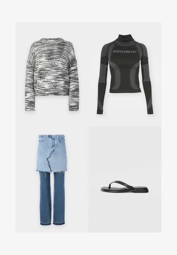 Gestreifter, gehäkelter Pullover in Schwarz und Weiß mit strukturierter Oberfläche, Rundhalsausschnitt und überschnittenen Schultern. Kürze Länge.; Schwarz langärmliges Performance-Shirt mit hohem Kragen, dehnbarem Material und kontrastierenden grauen Linienmustern sowie dem "MISBHV"-Logo auf der Vorderseite.; Denim-Bekleidungsstück, das einen hellblauen Minirock oben und dunkelblaue Schlagjeans unten kombiniert; verfügt über einen fransigen Saum und klassische Denim-Struktur.; Schwarze Flip-Flops aus glattem Leder, mit einem dünnen Riemendesign und einer flachen Sohle mit minimalem Profil. Keine bemerkenswerten Muster oder Akzente.