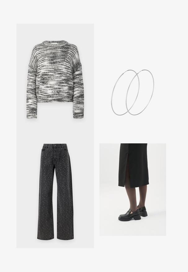 Pull en tricot noir et blanc avec un motif texturé à rayures, col rond et épaule abaissée. Longueur cropped.; Noisy May NMJANNEL LOOSE - Jean boyfriend - black denim; Chaussures noires en cuir avec un bout arrondi, un épais talon bloc et des accents latéraux élastiques, associées à des bas foncés et une jupe noire avec une fente.; Boucles d'oreilles en argent au design minimaliste. Forme circulaire, texture lisse et profil fin. Légères avec une finition polie.