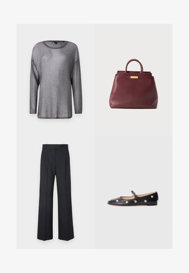 Maglione argentato metallico a maniche lunghe con texture a maglia aperta. Caratterizzato da un ampio scollo e una vestibilità rilassata, mette in mostra un design leggero e arioso.; Camicia bianca a maniche lunghe realizzata in tessuto morbido, con colletto e apertura con bottoni di un delicato rosa.; Pantaloni a righe blu scuro con vita alta, design a gamba larga e senza hardware o decorazioni visibili. Tessuto liscio e vestibilità sartoriale.; Scarpa flat nera in pelle tipo Mary Jane con punta arrotondata, caratterizzata da borchie circolari argentate e una fascia regolabile con fibbia.; Borsa a mano in pelle bordeaux con un design strutturato, dotata di manico superiore e un accento dorato. Texture liscia senza motivi visibili.