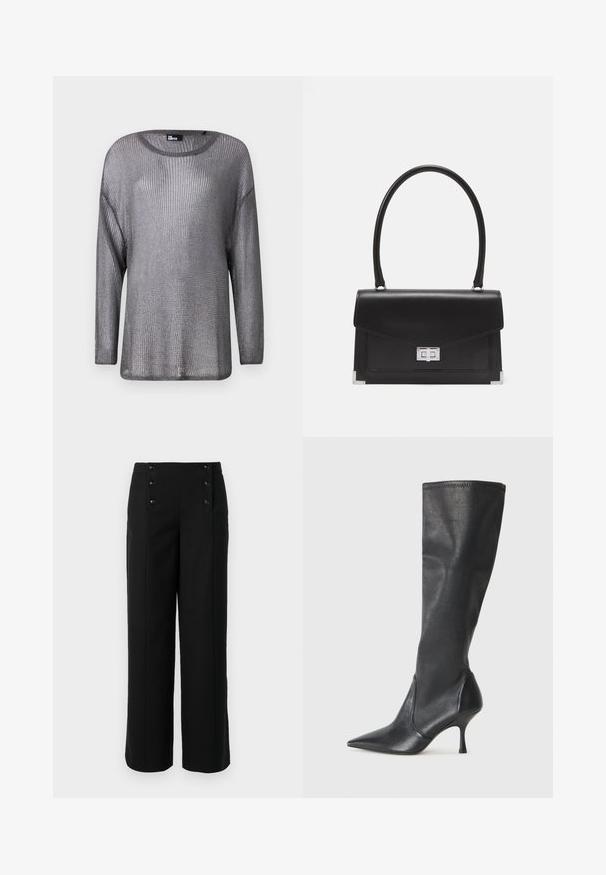 Silberner metallischer Pullover mit langen Ärmeln und offener Stricktextur. Mit weitem Ausschnitt und lockerer Passform, die ein leichtes und luftiges Design zur Geltung bringt.; Schwarze weit geschnittene Hosen aus glattem Stoff mit hoher Taille und fünf vorderen Knöpfen zum Schließen. Elegantes, maßgeschneidertes Design.; Knöchelhoche schwarze Lederstiefel mit einer spitzen Zehe und einem schlanken Stiletto-Blockabsatz. Glatte Textur mit einer enganliegenden Passform und Nähten am oberen Rand.; Schwarze Lederhandtasche mit strukturiertem Design, einem oberen Griff und einem silbernen Verschluss. Verfügt über Eckenakzente und eine glatte Textur.