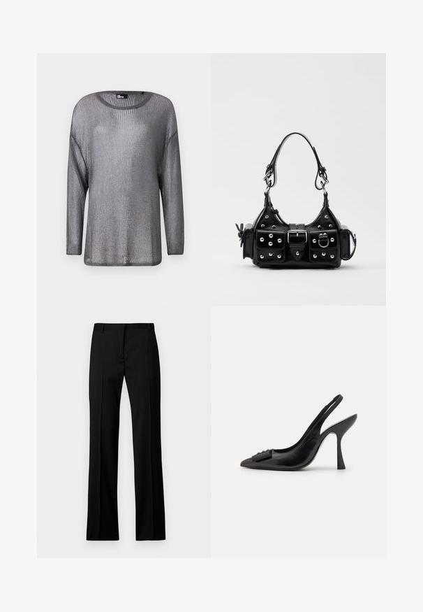 Sidabrinė metalinė megztinis su ilgomis rankovėmis ir atviru mezgimo raštu. Turi plačią aukštą kaklo liniją ir laisvą kirpimą, pabrėžiant lengvą ir orų dizainą.; Juodi tiesūs kelnės iš lygios medžiagos, su lygiu priekiu, dirželių kilpelėmis ir be matomų kišenių ar puošybos elementų.; Juoda odinė slingback tipo avalynė su smailiu pirštu, siauru aukštu kulnu ir dekoratyvine kaspino akcentu. Lygi tekstūra ir elegantiškas dizainas.; Juodas odinis rankinukas su kreiviu dizainu, su sidabro spalvos knopkėmis, užsegimu ir dviem šoninėmis kišenėmis. Reguliuojama dirželis nešimui.