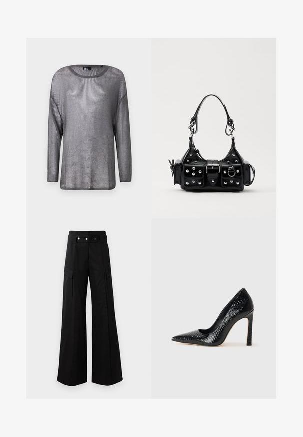 Pull en maille ouverte argent métallique à manches longues. Doté d'un décolleté large et d'une coupe décontractée, mettant en valeur un design léger et aéré.; Pantalons larges noirs avec une taille haute, dotés de grandes poches latérales, de deux boutons à l'avant et d'un détail en boucle. Fabriqués en tissu résistant.; Escarpin noir à bout pointu avec texture en cuir de crocodile, présentant un design élégant, un haut talon aiguille et un intérieur noir lisse.; Sac à main en cuir noir au design courbé, avec des clous en argent, une boucle et deux poches latérales. Bandoulière réglable pour différentes options de transport.